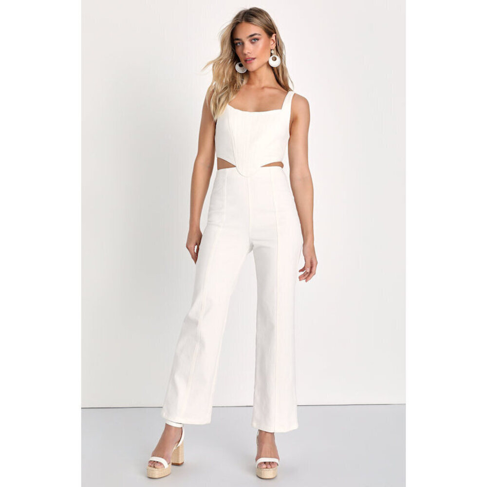 Lulus Perfect Icon Ivory Bustier Cutout Straight Leg Denim Jumpsuit White